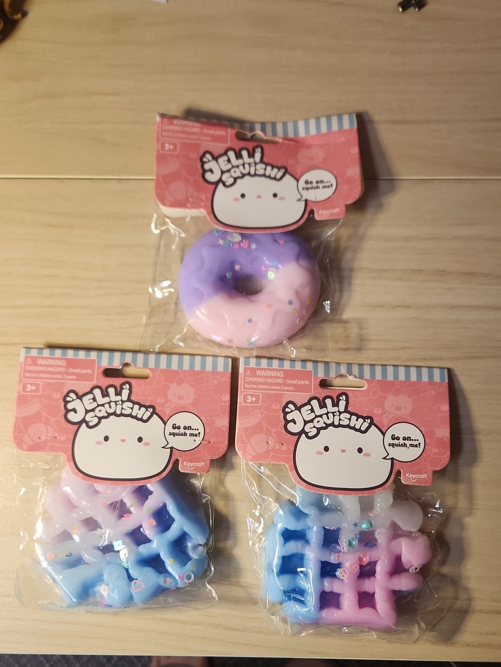 Jelli Squishi - One Pastel Purple & Pink Donut and Two Blue-Purple Waffles